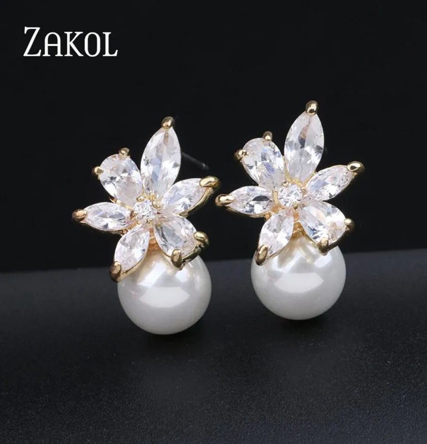 Flower Gold Color ZAKOL, модные, милые, изысканные, цветочные, серьги-гвоздики, жемчужные, Кристальные серьги, серебро, AAA, циркон, для женщин, ювелирные изделия, подарки на свадьбу, вечеринку, FSEL859 - Окраска металла: Flower Gold Color