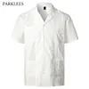 Embroidery Floral Patchwork Shirts for Men Casual Multi-Pocket Mens Short Sleeve Shirt Cuban Camp Guayabera Ethnic Men Clothing 1