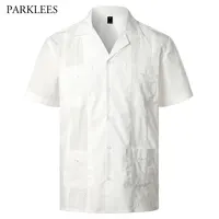 Embroidery Floral Patchwork Shirts for Men Casual Multi-Pocket Mens Short Sleeve Shirt Cuban Camp Guayabera Ethnic Men Clothing 1