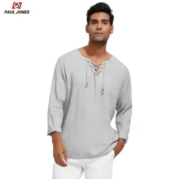 

PAUL JONES Men Lace-Up Neck Rayon & Linen Shirt Tops Casual Long Sleeve Scottish Jacobite Ghillie Linen Shirt For Kilts PJA02006