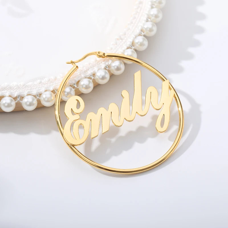 Custom Personalized Name Earrings For Women Aretes De Mujer Stainless Steel Big Circle Round Oorbellen Voor Vrouwen  Jewelry BFF
