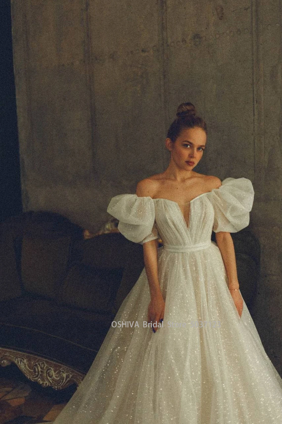 Glitter A Line Two Pieces Wedding Dresses with Detachable Skirt Off Shoulder Short Puff Sleeves Bridal Party Gowns Princess