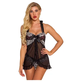 

New Fashion Sexy Women Nightwear Lace Babydoll V-neck Sleeveless Halter Backless Patchwork Lingerie Bowtnot Split Sleepdress