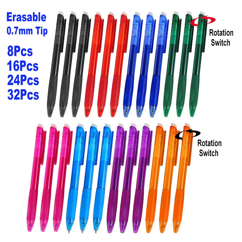 

32Pcs Set Retractable Erasable Gel Pen 0.7mm Bullet Tip 8 Color Ink Refill Rod Rotation Switch Office Writing Stationery Handle