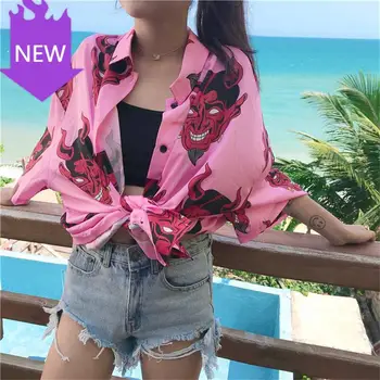 

Short Sleeve Loose Summer Top Blouse Streetwear Casual Shirts Unisex New Fashion Women Shirt Japanese Harajuku Devil Printed