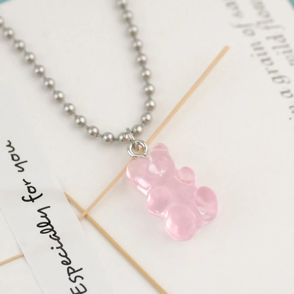 pink Модное мультяшное индивидуальное желейное ожерелье с медведем, разноцветное прозрачное ожерелье с медвежонком из смолы, пара милых ювелирных изделий, креативный подарок - Окраска металла: pink