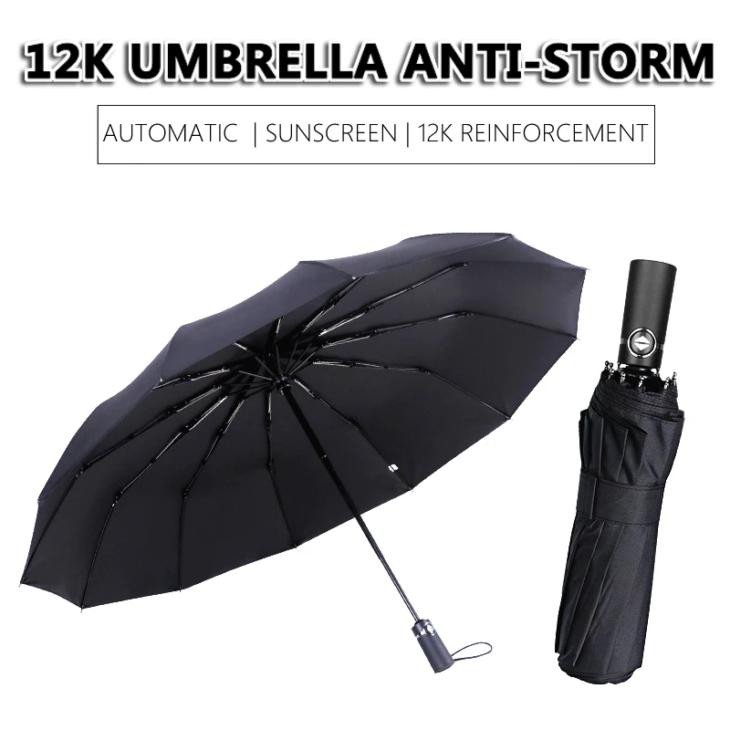 Трехслойный автоматический зонт от дождя, женский зонт для гольфа, ветрозащитный мужской подарок, черное покрытие, 12 K, роскошный автомобильный большой зонт