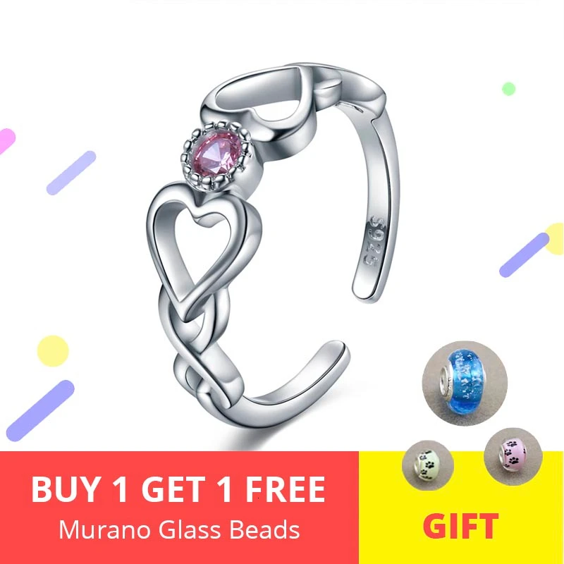 

Authentic 925 Sterling Silver Endless Love Heart Ring Adjustable Open Rings With Pink CZ Luxury Sterling Silver Jewelry Gift