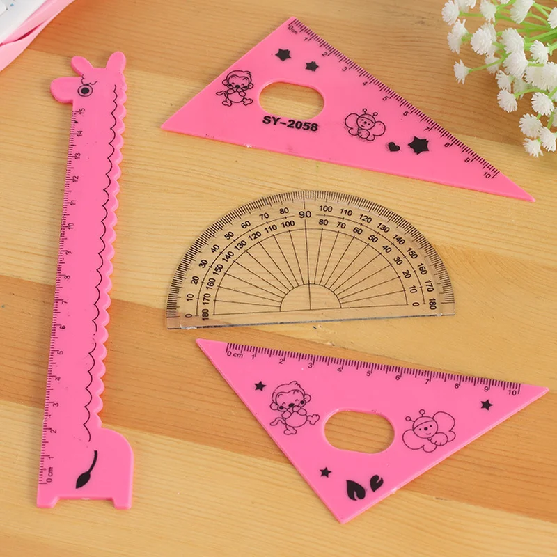 4pcs/Set Cute Giraffe Ruler Set Children's Day Gift Office Stationery Drafting Supplies Triangle Ruler Creative Math Sets