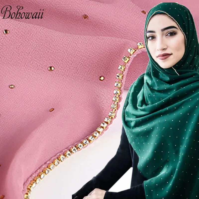 

BOHOWAII Muslim Fashion Women Chiffon Hijab Scarf Shawl Headwrap Hicab Diamonds Head Hijabs Islamic Arab Long Headscarves