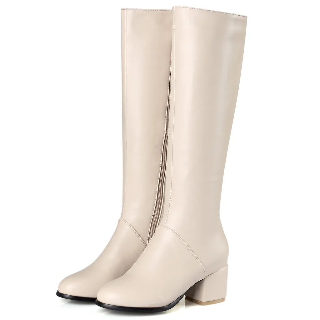 Обувь; модные женские ботинки; zapatos de mujer; женские теплые зимние ботинки; сапоги до колена с круглым носком на высоком квадратном каблуке