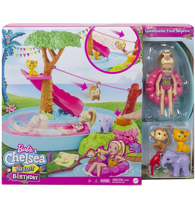 3 figurines animaux et accessoires Barbie Famille lAnniversaire Perdu de Chelsea coffret la Rivière de la Jungle avec mini-poupée jouet pour enfant GTM85 