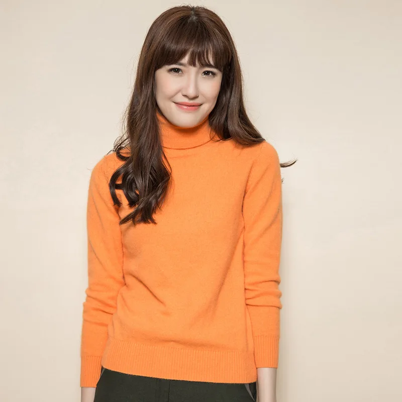 Осенне-зимний женский вязаный пуловер в рубчик, шерстяной свитер с длинным рукавом, облегающий джемпер, мягкий теплый пуловер для женщин - Цвет: Оранжевый