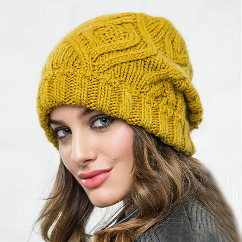 

Fashion Warm Winter Knitted Beanie Hats Women Girls Curly Coarse Woolen Cap Solid Color Warming Knitted Beanies Unisex Headwear