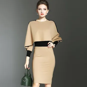 

Fashion Elegant Women Dress Suit OL Work Office Lady Formal Business Wear Bodycon Slim Vintage Cape Coat Two Piece Set Outfit