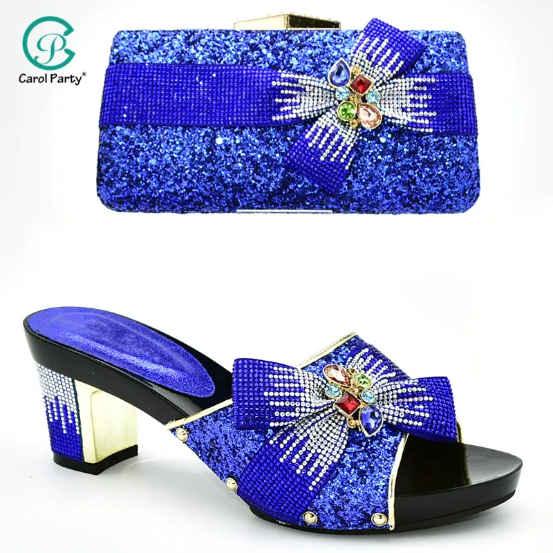 

Blue Color Italian design Shoes Rhinestone Women Sandals Nigerian Women Wedding Shoe Decorated with Rhinestone Parties Shoes