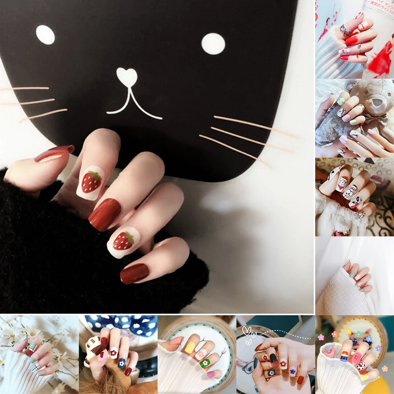 24pcs Green White Little Flower Fake Nail Art Decoration Short Square Head Full Cover False Nails Tips with Glue Sticker file