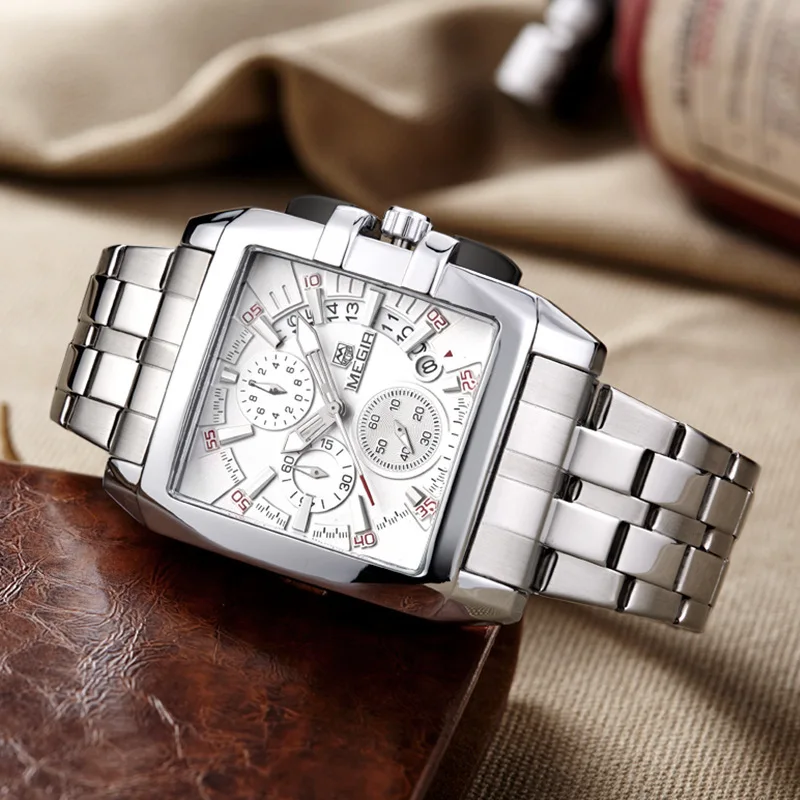 

Mei gainer megir Genuine Product Men Square Watch Steel Band Multi-functional Night Light MEN'S Watch Sports Watch 2018