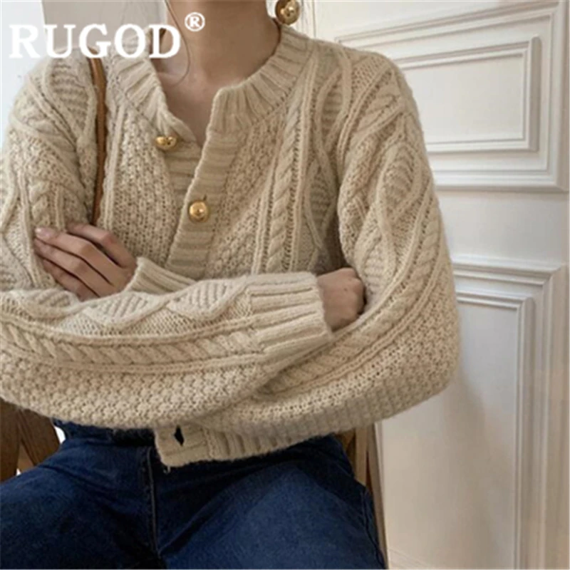 RUGOD зимний теплый Однотонный свитер кардиганы для женщин с круглым вырезом Золотая кнопка вязаное пальто Высокая талия Мода femme элегантный