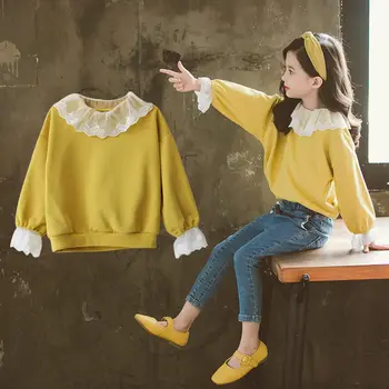 

Kids Sweatshirts Lace Collar Yellow Cardigan 2020 Fashion Spring Autumn T-shirts Baby Girl Clothes Long Sleeve Coat Sweatshirts