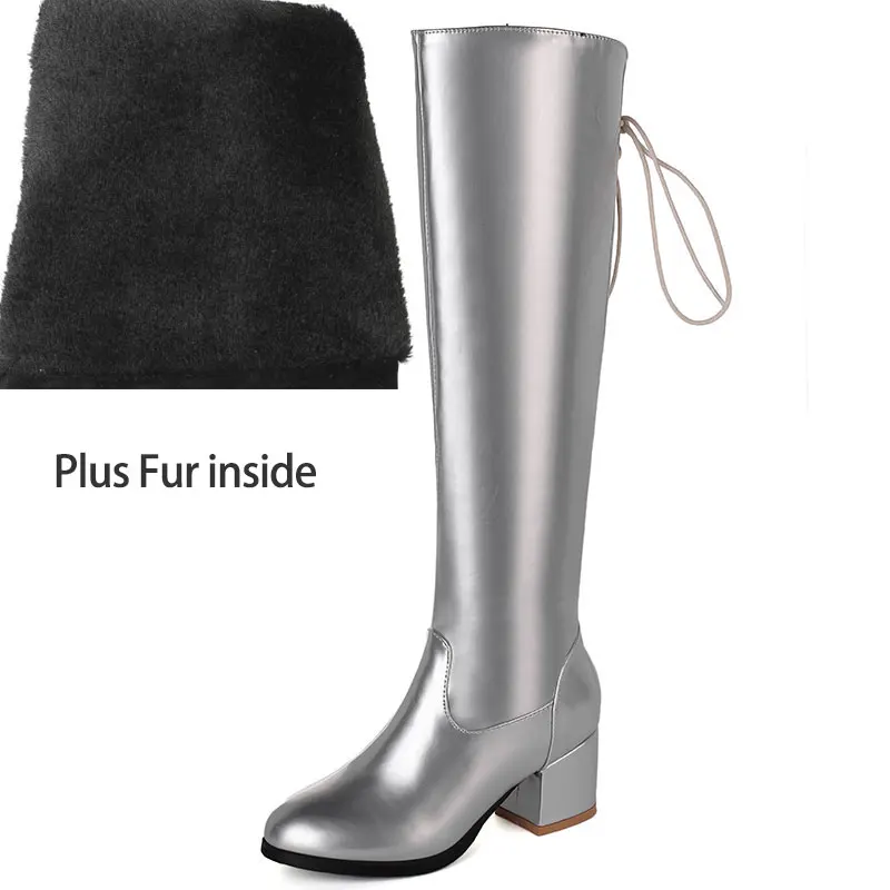 plus fur silver Lasyarrow/ г.; большие размеры 45; женские сапоги до колена; однотонные модные высокие сапоги на высоком каблуке с круглым носком на молнии; сезон осень-зима - Цвет: plus fur silver
