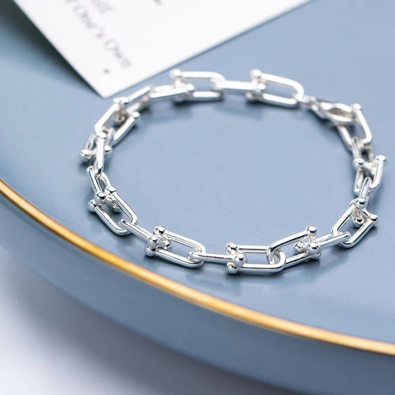 

INALIS S925 silver bracelet female Japanese and Korean style simple small fresh glossy chain button fashion jewelry