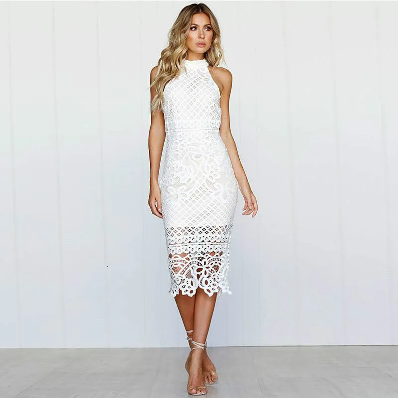 

BacklakeGirls 2019 High Neck Sleeveless Straight White Lace Cut Out Cocktail Dresses Hollow Out Zipper Back