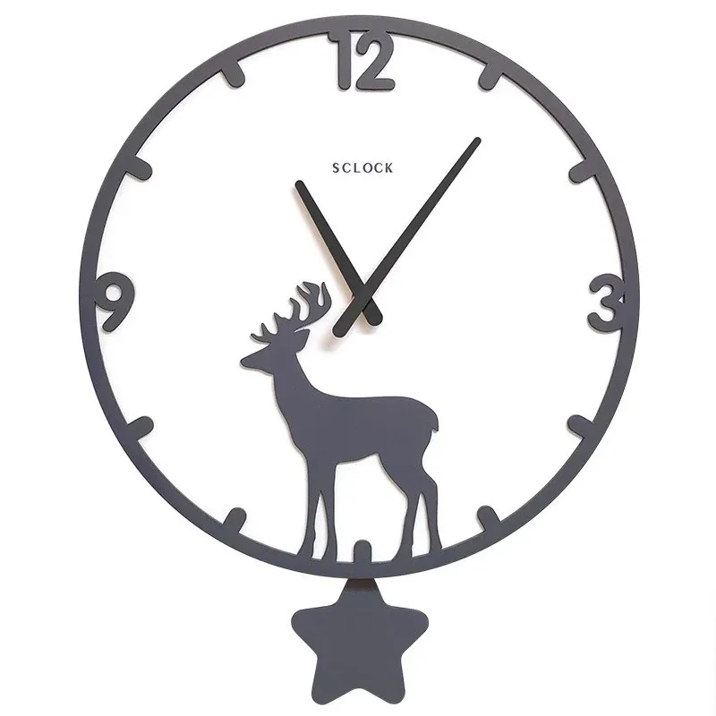 Creative Wooden Quartz Wall Clock Living Room Simple Silent Wall Clock Nordic Elk Fashion Pentagram Pendulum Clock Home Decor - Color: B