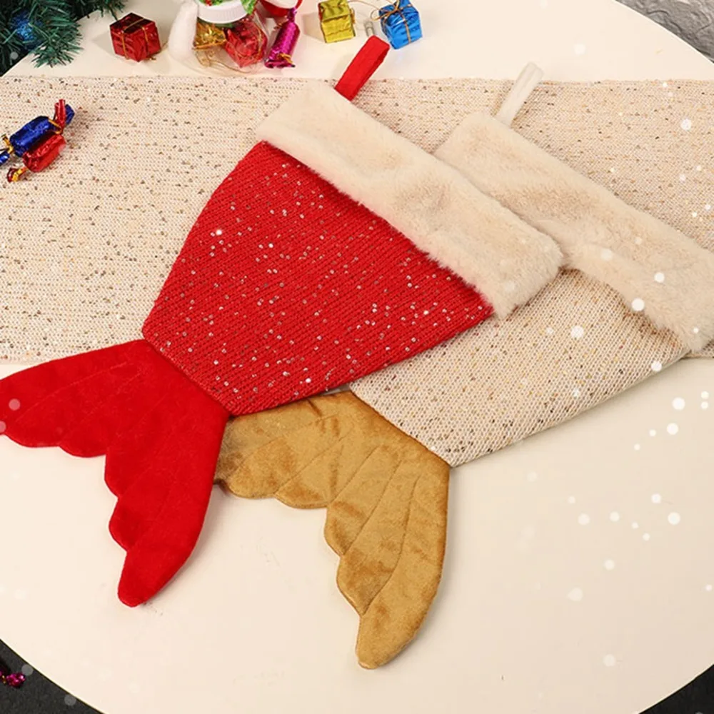 Festival Home Decoration Christmas Stocking Hanging Rope Fishtail Shape Unique Christmas Gift Bag Portable Christmas Candy Bag