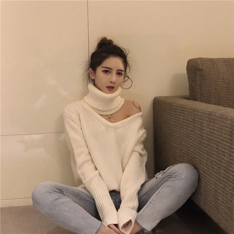 Korean Chic Scarf Collar Women Sweaters Vintage Solid Long Sleeve Knitted Pullovers Sexy Off Shoulder Sueter Mujer
