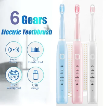 

Powerful Sonic Electric Toothbrush Adult Timer Brush 6 Mode USB Charger Rechargeable Tooth Brushes Replacement Heads Set