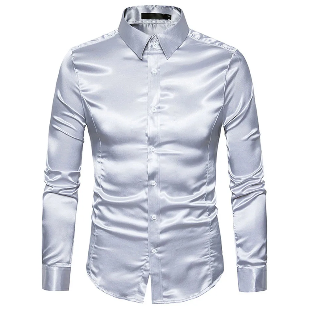 HIRIGIN Мужская официальная Атласная блестящая шелковая Свадебная рубашка, Модная тонкая однотонная шелковая рубашка с длинным рукавом