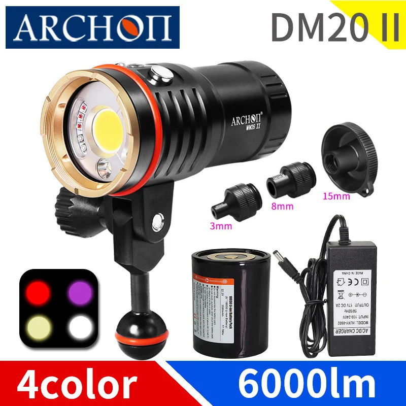 DM20 II 5200k 6000lumen HD video diving photoraphy lights red UV fill lights underwear 100m dive lighting flashlight spot lights