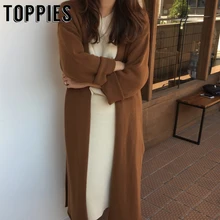 Зимний длинный кардиган оверсайз, Женский вязаный кардиган, Свободное пальто выше колена, Корейская стильная ветровка