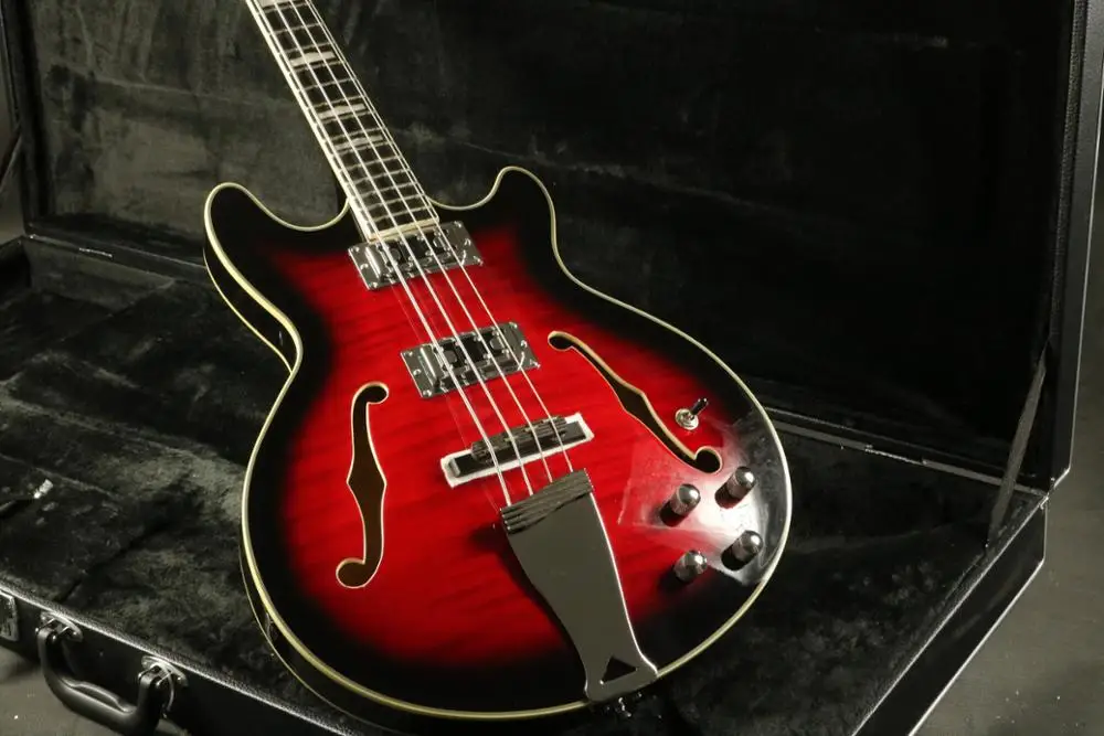

quality hollow body 4 string electric bass redburst flamed maple arched top 4string bass guitar tailpiece bass guitar