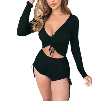 

Women’s Casual Two Piece Suits Fashion Solid Color Drawstring Long Sleeve Pullover Top and High Waist Shorts