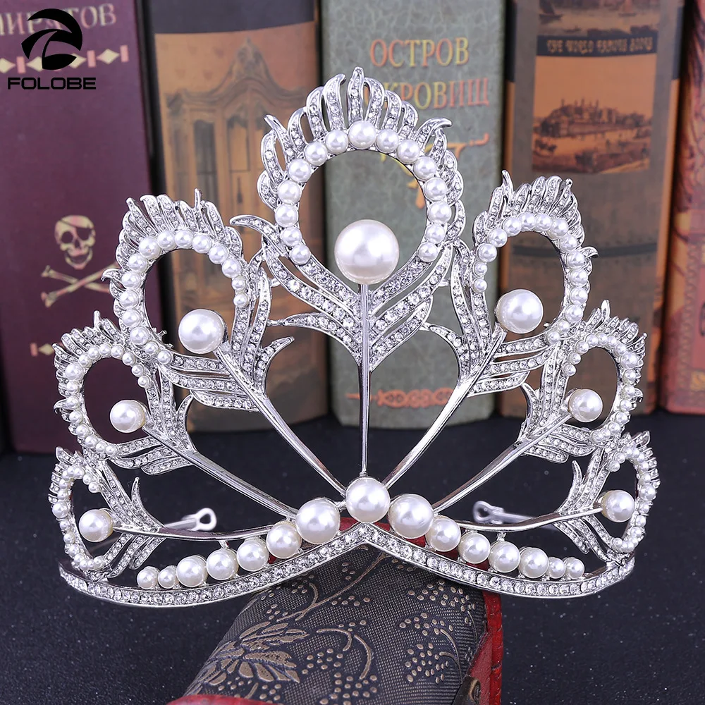 Peacock feather crown bride wedding accessories headwear evening prom party with pearls H1159 | Свадьбы и торжества