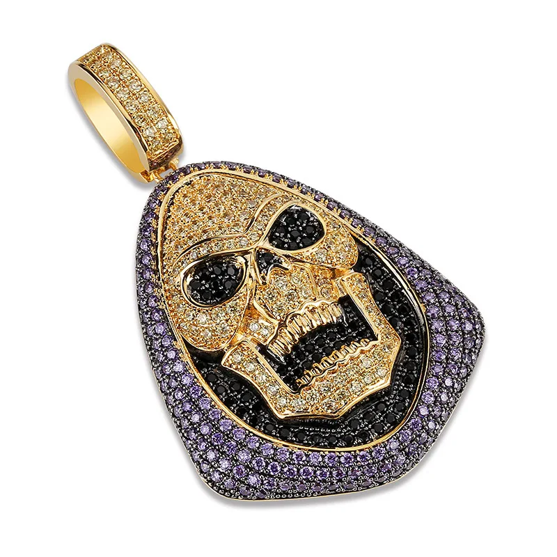 

Purple White Black 3 Colors AAA Cubic Zirconia Paved Bling Iced Out Gold Skull Pendants Necklace for Men HIP HOP Rapper Jewelry