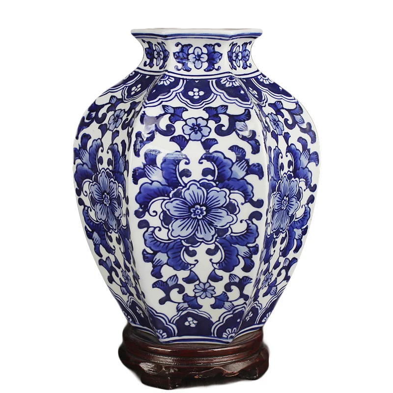 vase x1 Цзиндэчжэнь керамика Классическая Ручная роспись синий и белый лотоса шестиугольник Горшок Ваза Цветочная посуда крыльцо украшение орнамент - Color: vase x1