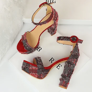 

2020 Women 13cm High Heels Sandals Wedding Bridal 4.5cm Platform Heels Denim Jeans Red Sandles Prom Elegant Stripper Strap Shoes