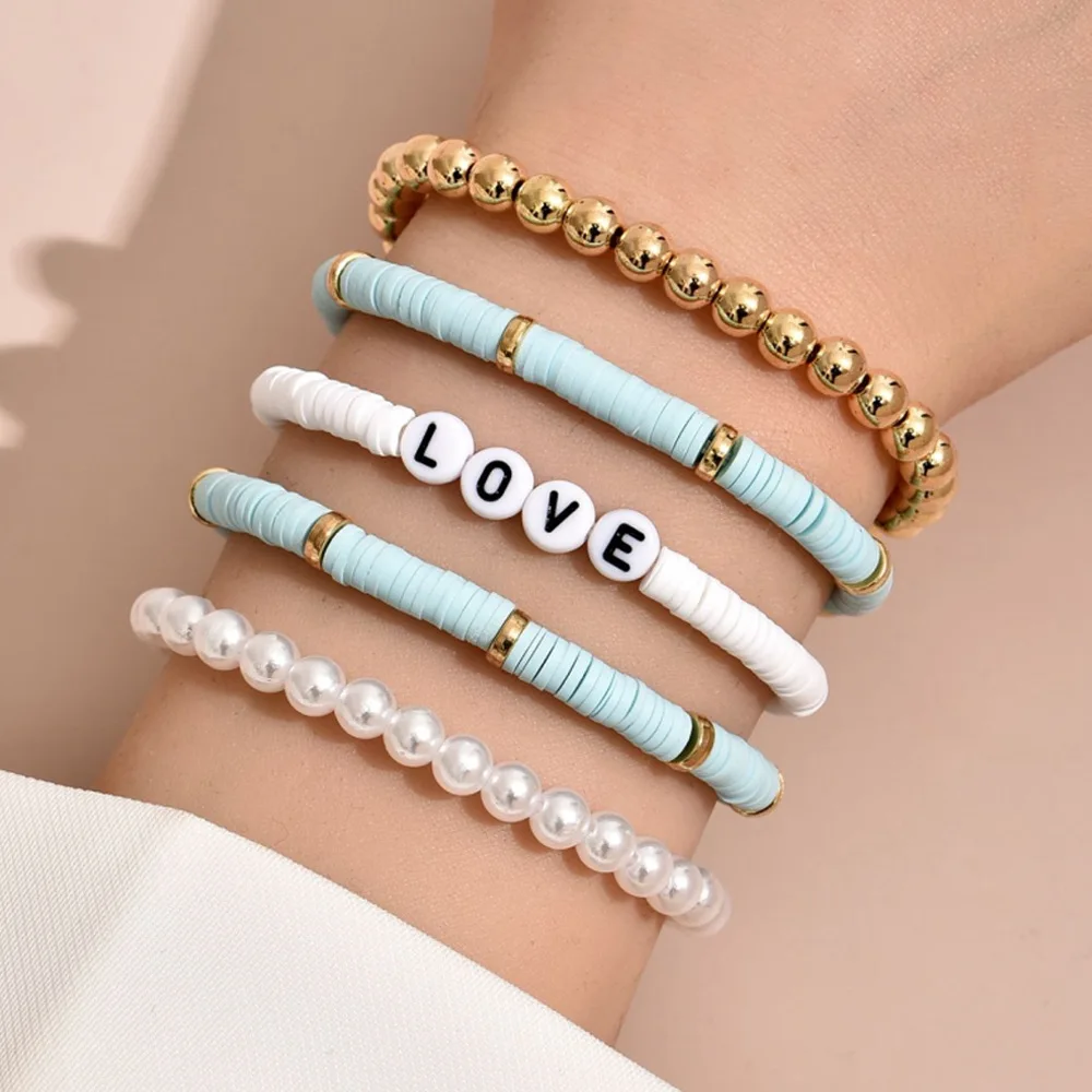 Ethnic Bohemian Multicolor Bracelet Set for Women Fashion Lettle Pearl Soft Pottery Colorful Beach Bracelet Couples Boho Jewelry