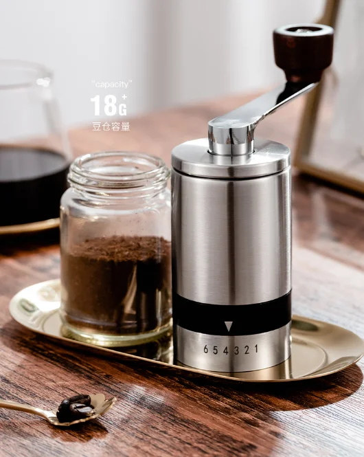 Small portable home handheld ceramic core six adjustable thickness washable stainless steel coffee bean grinder J06