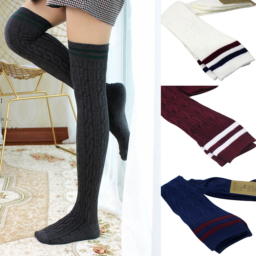 1 Pair Long Sexy Over Knee Warm Thigh High Fashion Soft Casual Student Cotton Blend Striped Women Stockings Knitting Elastic