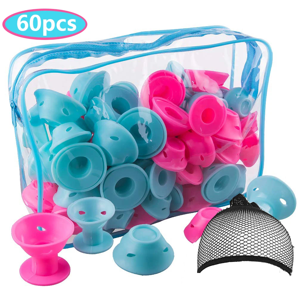 60 Pcs Hair Rollers Silicone Blue Pink Hair Curlers Set Soft Rubber