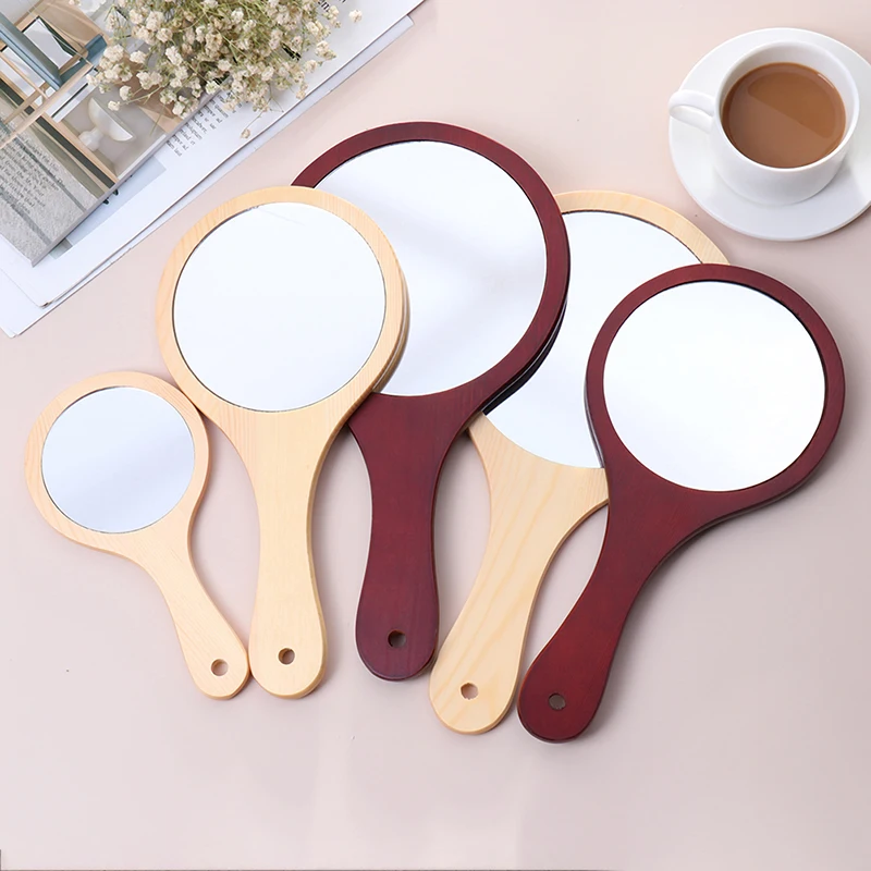 

Round Wood Vintage Hand Mirror Makeup Vanity Mirror Portable HD Round Wood Vintage Hand Mirror Make Up Mirrors With Handle