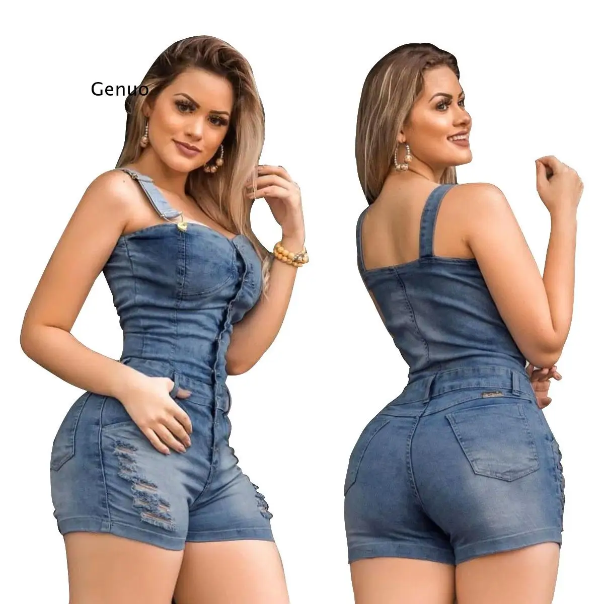 

Комбинезон женский джинсовый без рукавов, на пуговицах