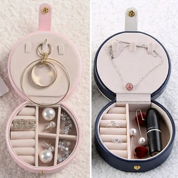

Leather Jewelry Box Storage Organizer For Women's Stud Earrings Rings Necklace Portable Travel Makeup Organizer With Button