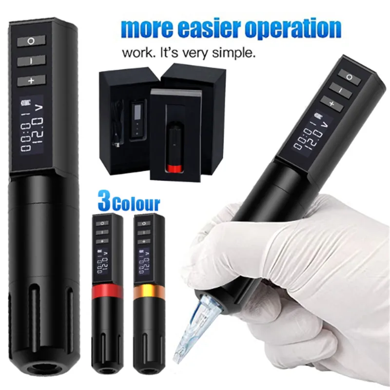 

Original Portable wireless Tattoo Machine Pen 3 Color Profession With Battery Power Supply LED Digital Display Tattoo Equipment