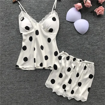 

Ladies Pajamas Set Summer Set Lace Splicing Thin section Sweet Wave Point Sling Shorts Two-piece