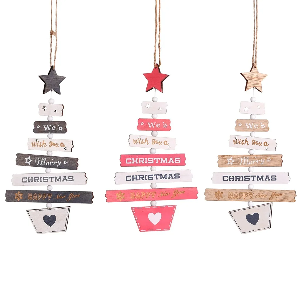 Creative Painted Wooden Christmas Tree Hanging String Christmas Pendant Window Display Ornaments Xmas Party Decors Kids Gift Toy